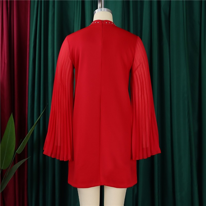 Chic Solid Color Bell Sleeve Dress with Pleats and Studs