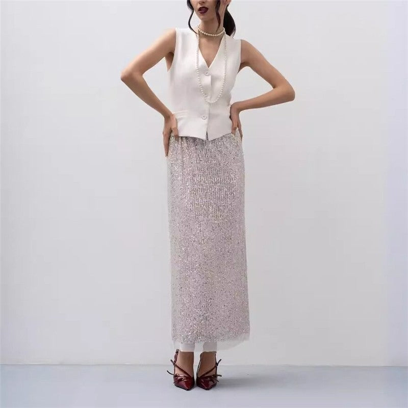 Sequin Embellished Vest and Maxi Skirt Ensemble