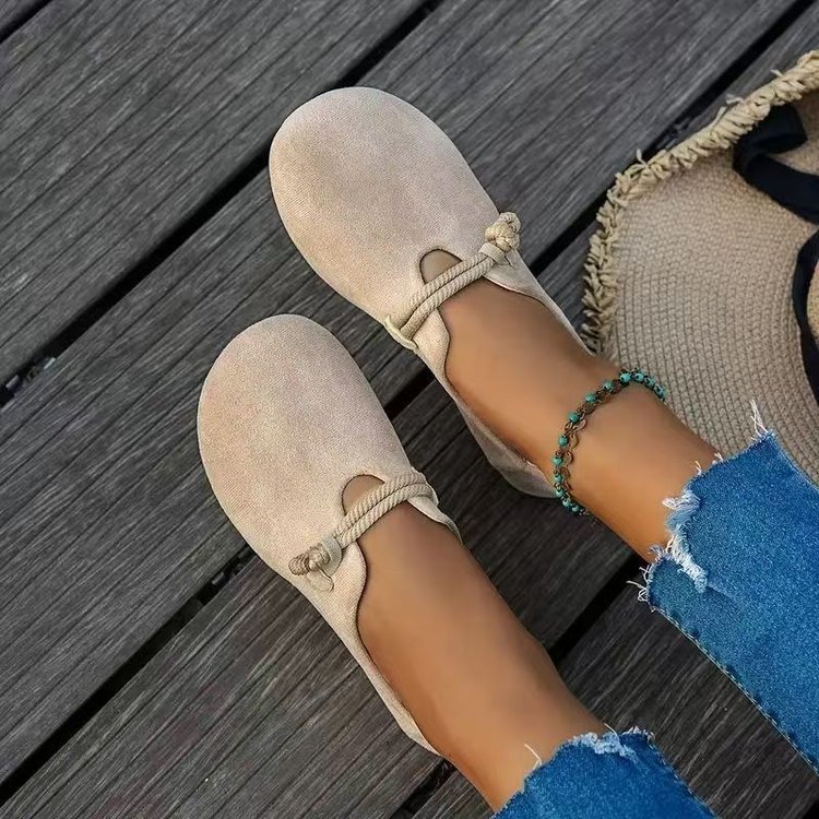 Women's Round Toe Flats - Sweet Suede Slip-On Dress Shoes with Floral Detail
