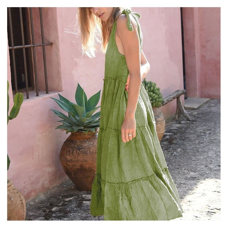 Solid Color Sleeveless Cotton Linen Dress