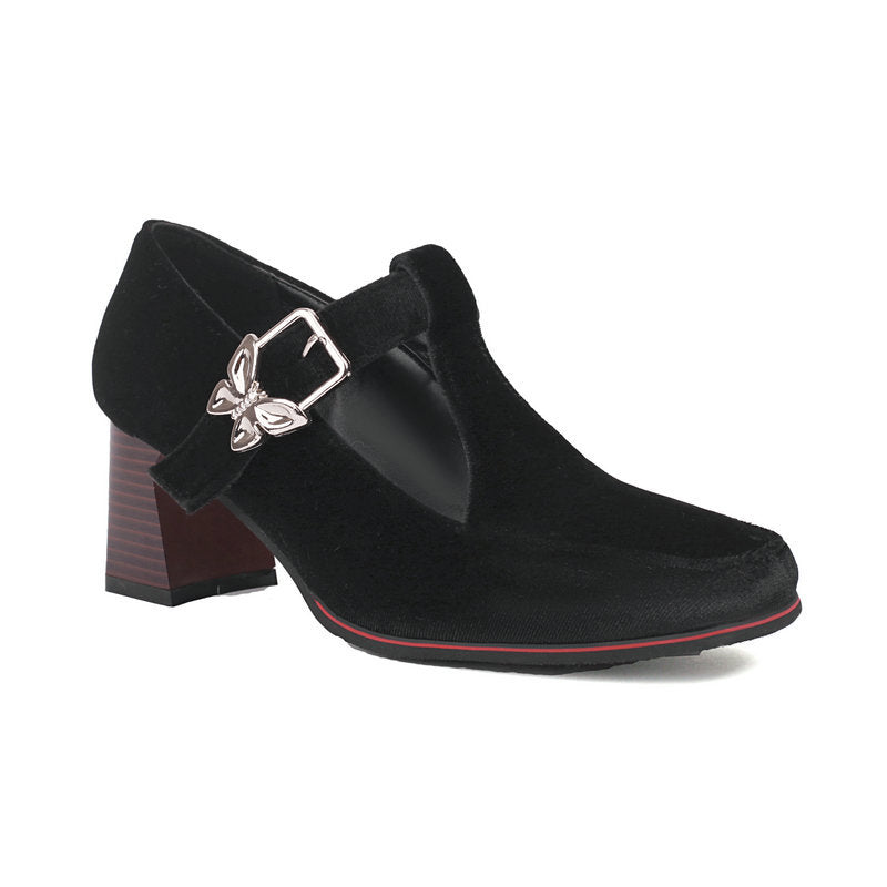 Women's Suede Chunky Heel Pumps – Square Toe Buckle Block Heels | Black, Wine Red, Green