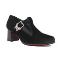 Women's Suede Chunky Heel Pumps – Square Toe Buckle Block Heels | Black, Wine Red, Green