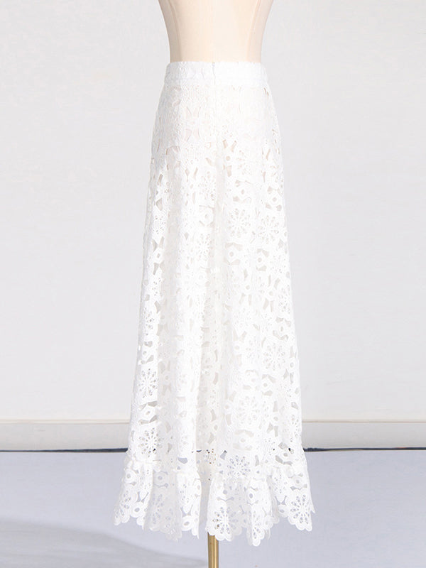 Flower Print Hollow Jacquard Solid Color Round-Neck Vest Top + Ruffle Trim Bodycon High-Low Skirts Bottom Two Pieces Set