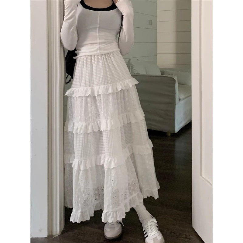 Solid Color Elastic Waist Lace Patchwork A-Line Maxi Skirt