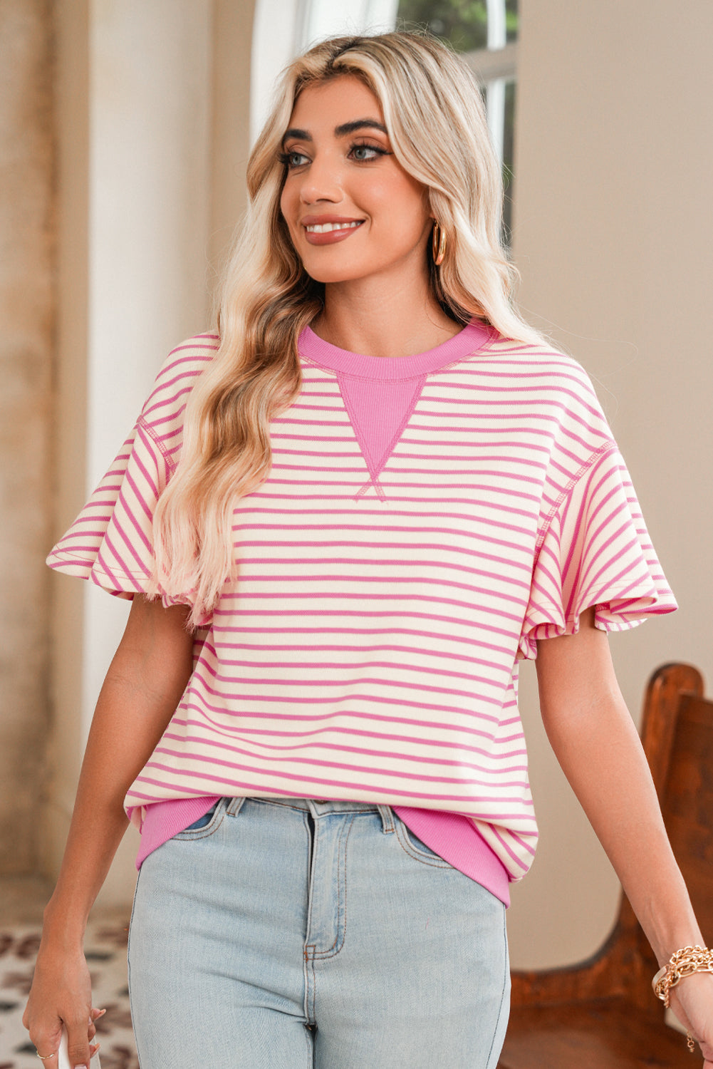 Parchment Striped Ruffle Sleeve Round Neck Top