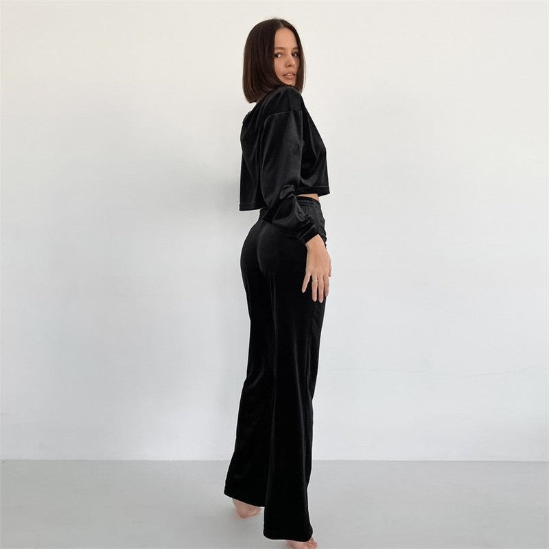 Velour Lounge Set: Solid Color Long Sleeve Crewneck Top and Pants