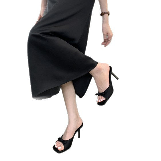 Women's Bow-Tie Square-Toe Stiletto Sandals - Elegant Open-Toe Heels