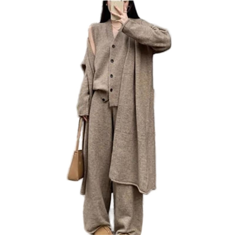 Solid Color Long Sleeve Cardigan Vest Long Pants Knit Set