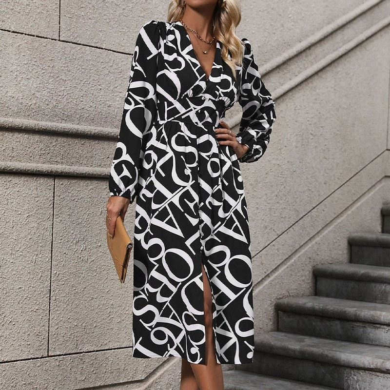 Geometric Print Long Sleeve Dress