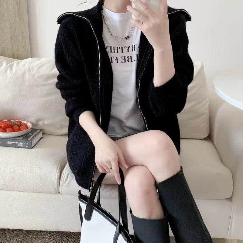 Solid Color Long Sleeve Hooded Pockets Zipper Cardigan Sweater