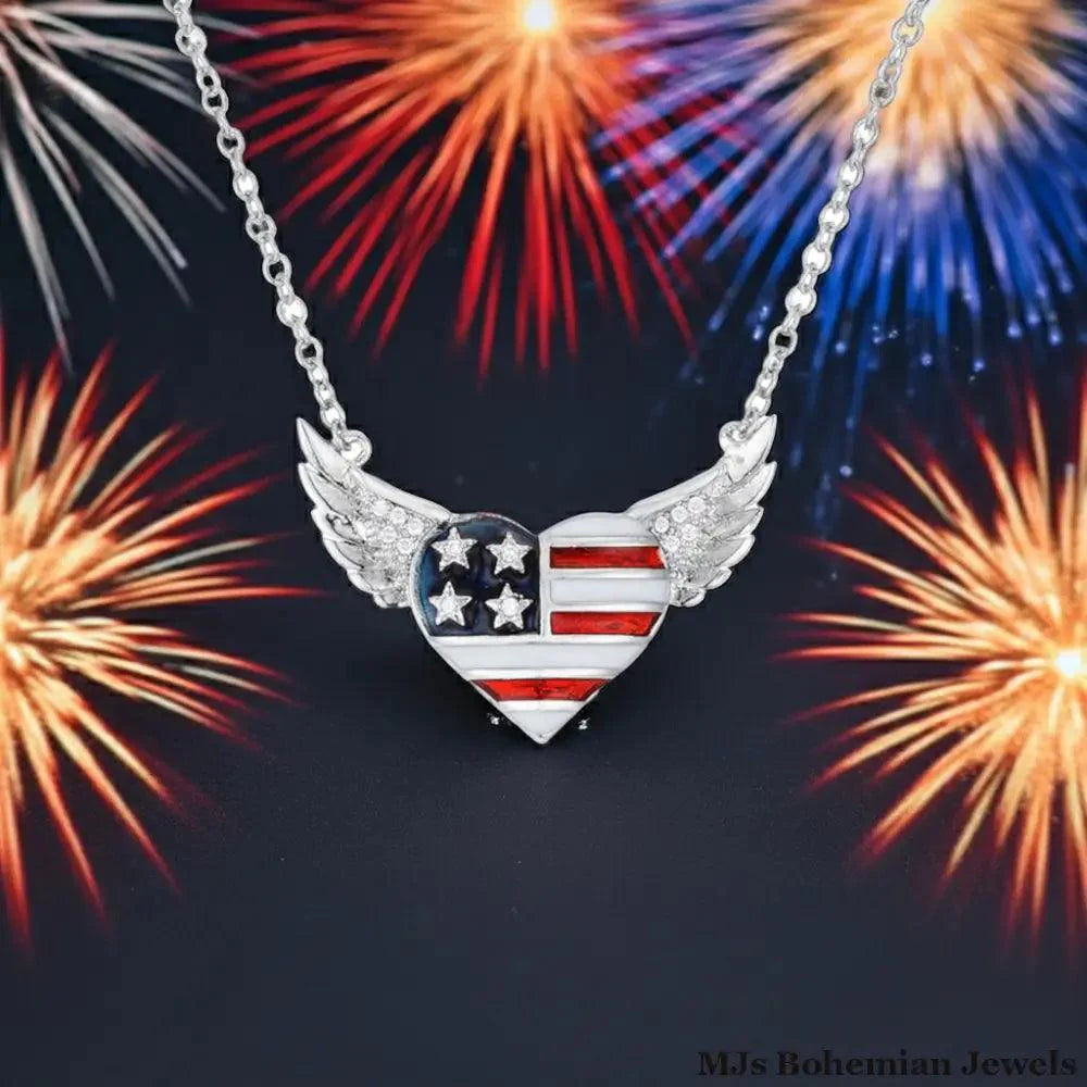.14 Ct Patriotic Winged Heart Necklace with CZ Accents