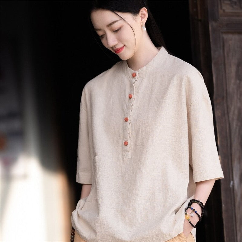 Stand Out in Style with our Solid Color Stand Collar Button-Up Short Sleeve Shirt
