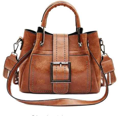 Women's Double Layer Cowhide Leather Bucket Bag - Genuine Leather Shoulder Handbag | Black Brown Pink