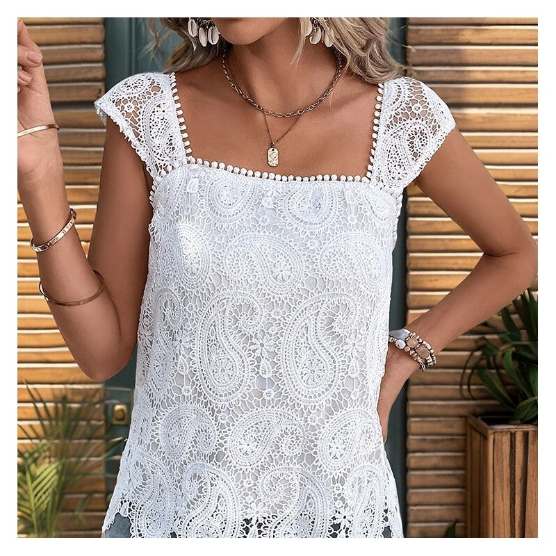 Sleeveless Lace Patchwork Square Neck Top