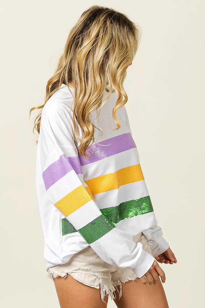 Sequin Mardi Gras Striped Round Neck Sweatshirt