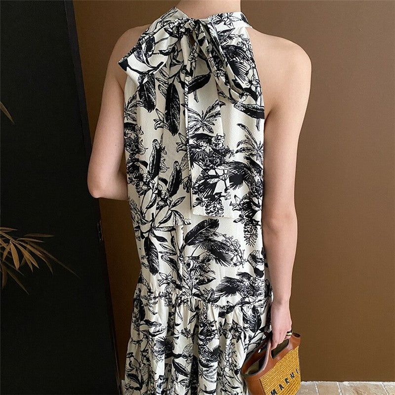 Watercolor Floral Sleeveless Halter Dress