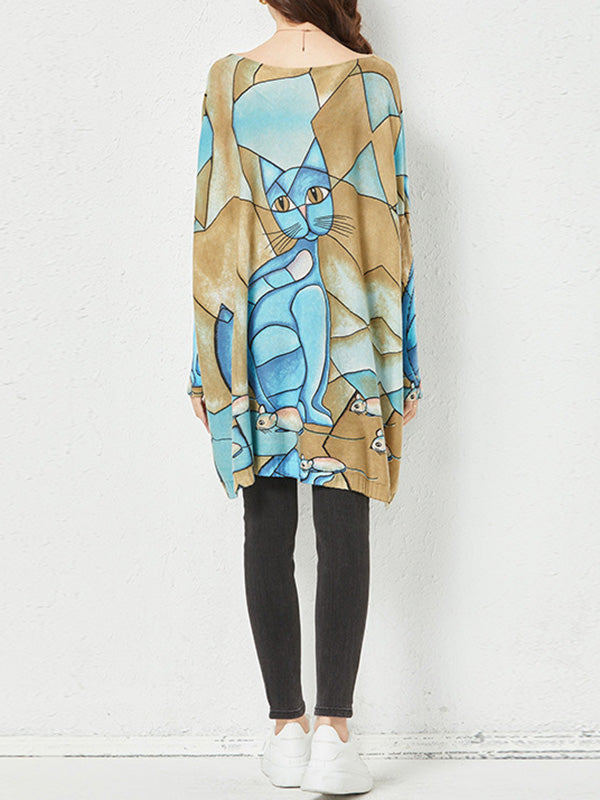 Long Sleeves Loose Animal Printed Round-Neck Knitwear Pullovers Sweater Tops