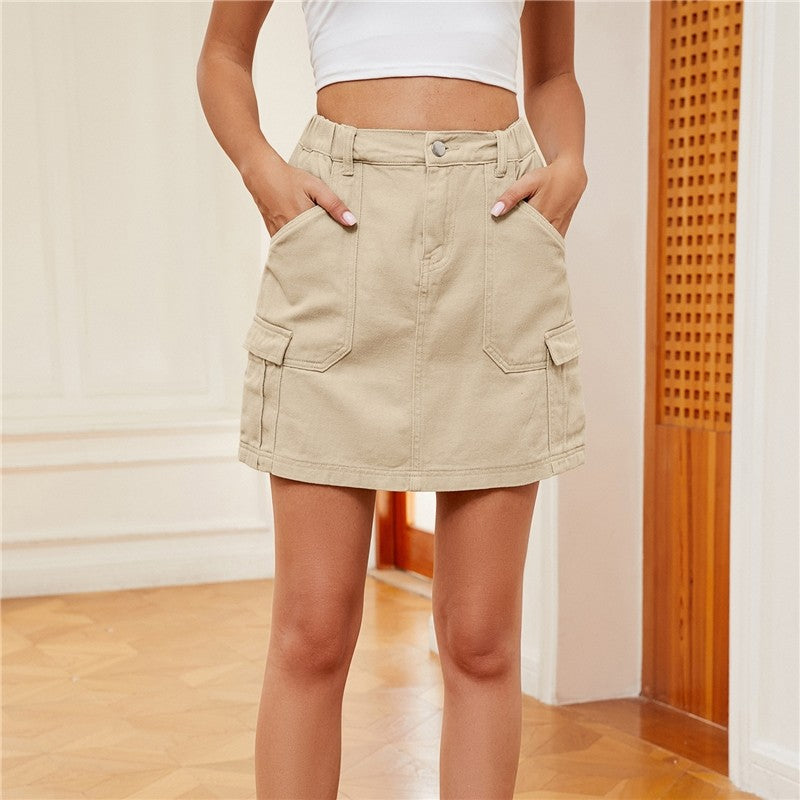 Elastic Waist Denim Mini Skirt Featuring Utility Pockets