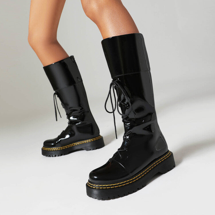 Women's High-Heeled Lace-Up Thigh-High Boots | Chunky Heel Round Toe PU Leather