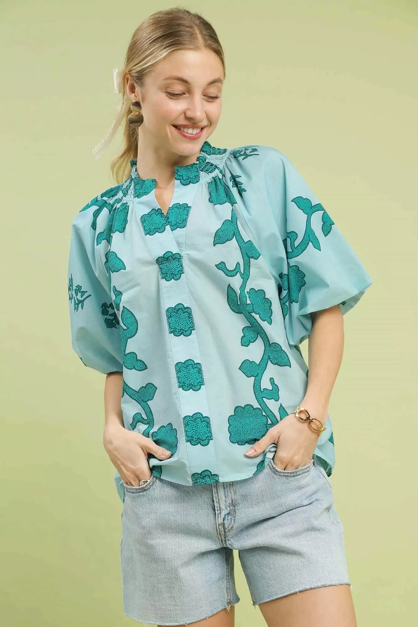 Floral Smocked Notched Puff Sleeve Blouse
