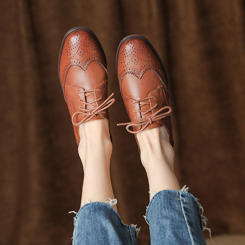 Women's British-Style Lace-Up Peep-Toe Oxford Shoes | Wax Cowhide Leather Flats