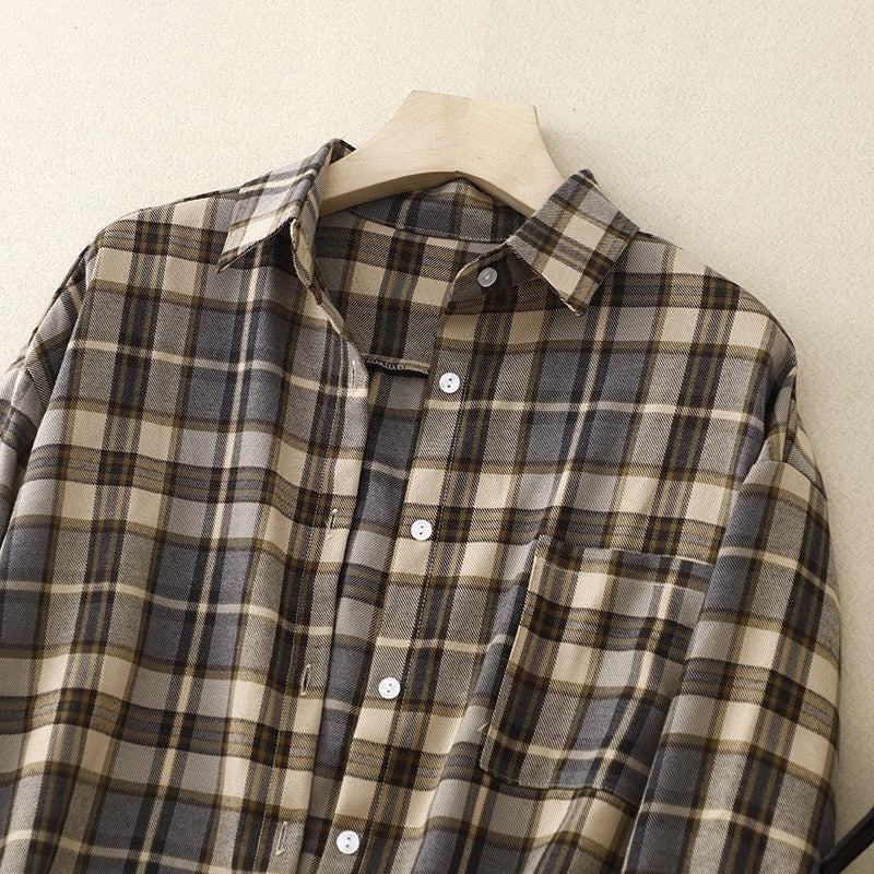 Long Sleeve Lapel Retro Plaid Casual Loose Blouse