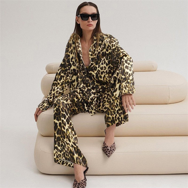 Leopard Print Loose Fit Lapel Long Sleeve Blouse and Ants Two-Piece Lounge Suit