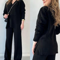 Solid Color Long Sleeve Lapel Top And Pants Knitted Casual Loose Two Pieces Suits