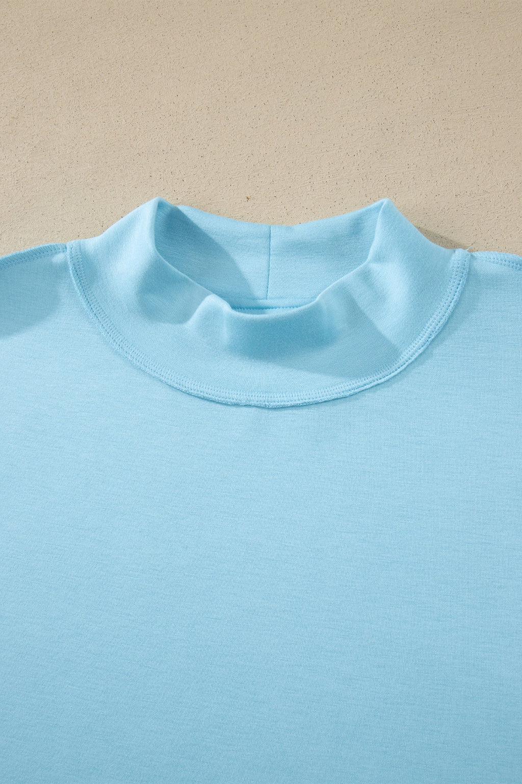 Mist Blue Solid Color Exposed Seam Mock Neck Oversize Tee Casual Shorts 2pcs Outfit