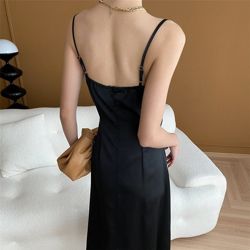 Solid Color Satin Waistband Sling Dress with Figure-Flattering Silhouette