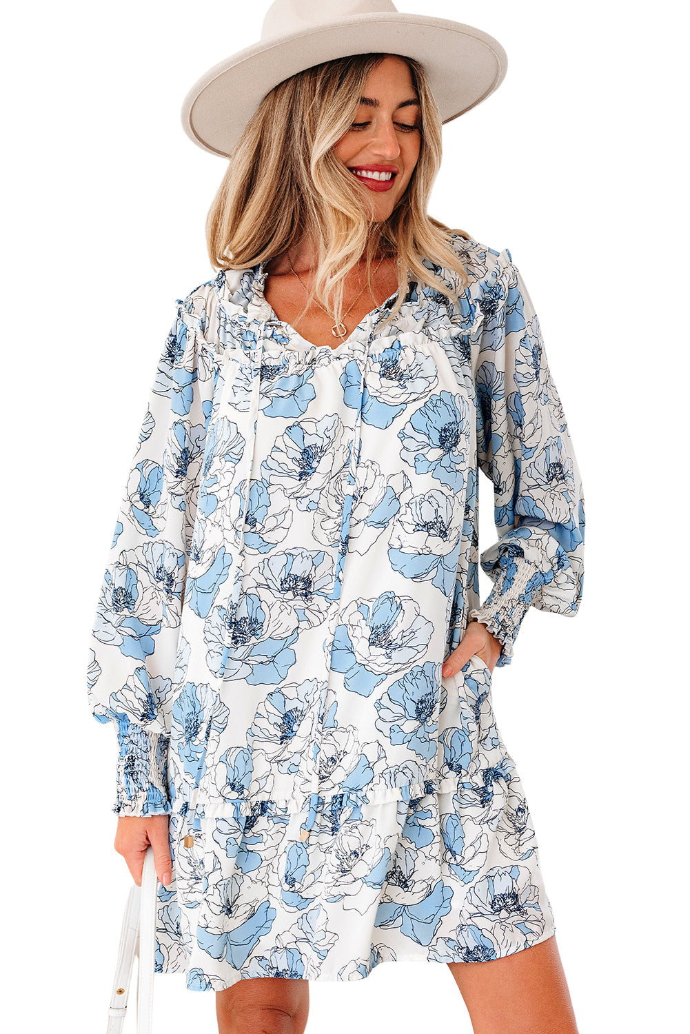 Sky Blue Floral Print Tie Neck Long Sleeve Flowy Mini Dress