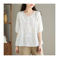 Casual V-Neck Embroidered Cotton-Linen Shirt with Heavy-Duty Construction