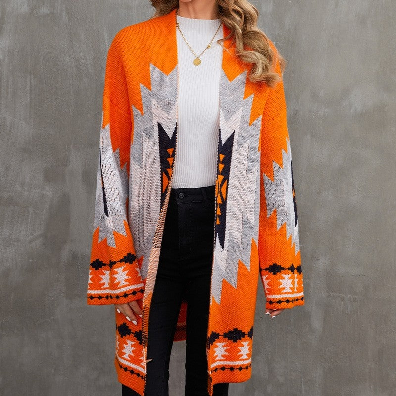 Long Halloween Jacquard Color Block Knit Cardigan