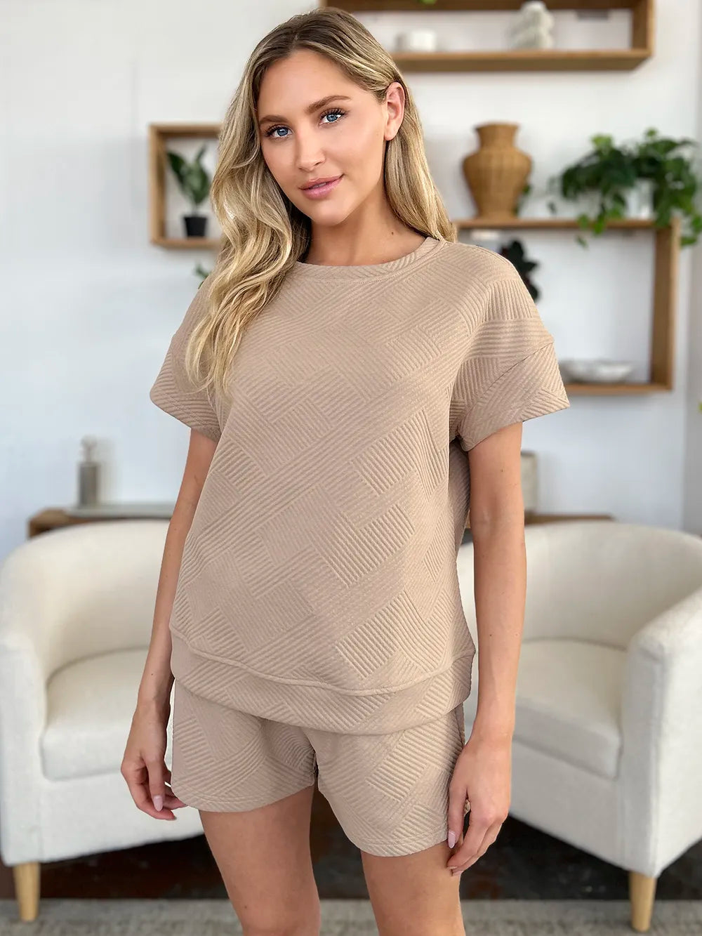 I am a Fashion Junky Full Size Texture Short Sleeve T-Shirt and Drawstring Shorts Set