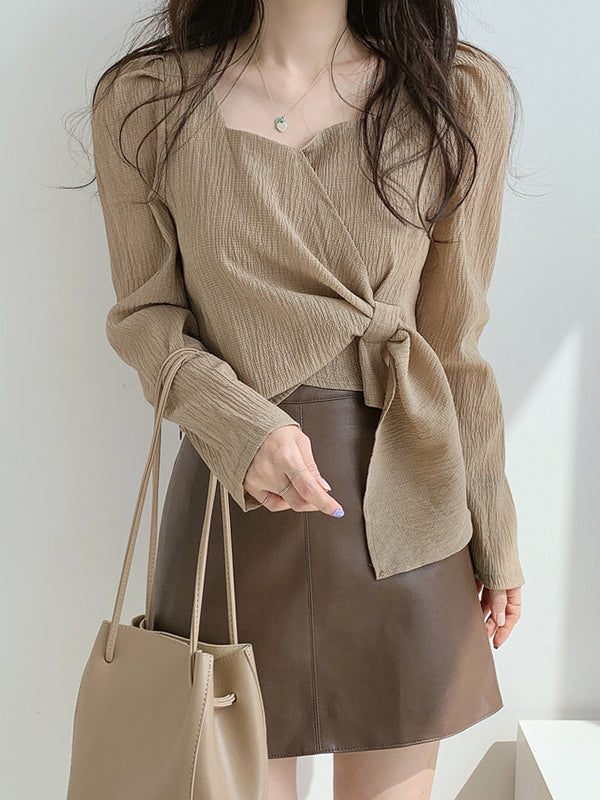 Original Solid Color Square-Neck Long Sleeves Tied Blouse