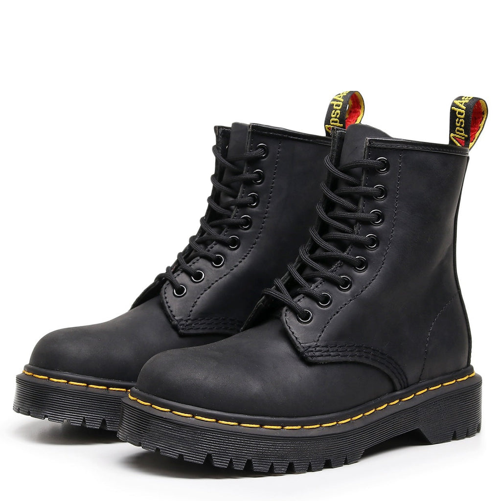 Women's British-Style Full-Grain Leather Biker Boots – Square Heel, Round Toe, Lace-Up