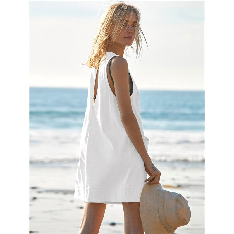 Sleeveless Solid Color Crewneck Loose Fit Casual Romper