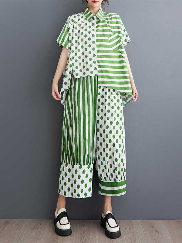 Half Sleeves High-Low Asymmetric Contrast Color Polka-Dot Split-Side Striped Lapel Blouses Top + Pants Bottom Two Pieces Set