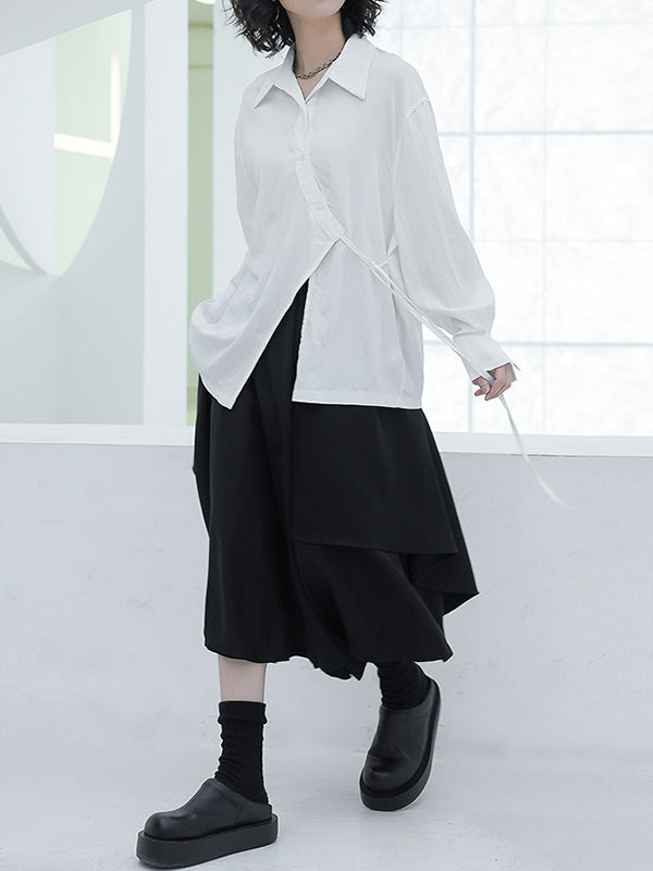 Loose Puff Sleeves Asymmetric Lace-Up See-Through Solid Color Split-Joint Lapel Blouses