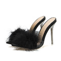 Women's Crystal High Heel Feather Fur Mule Sandals | Open-Toe PU Slip-On Heels