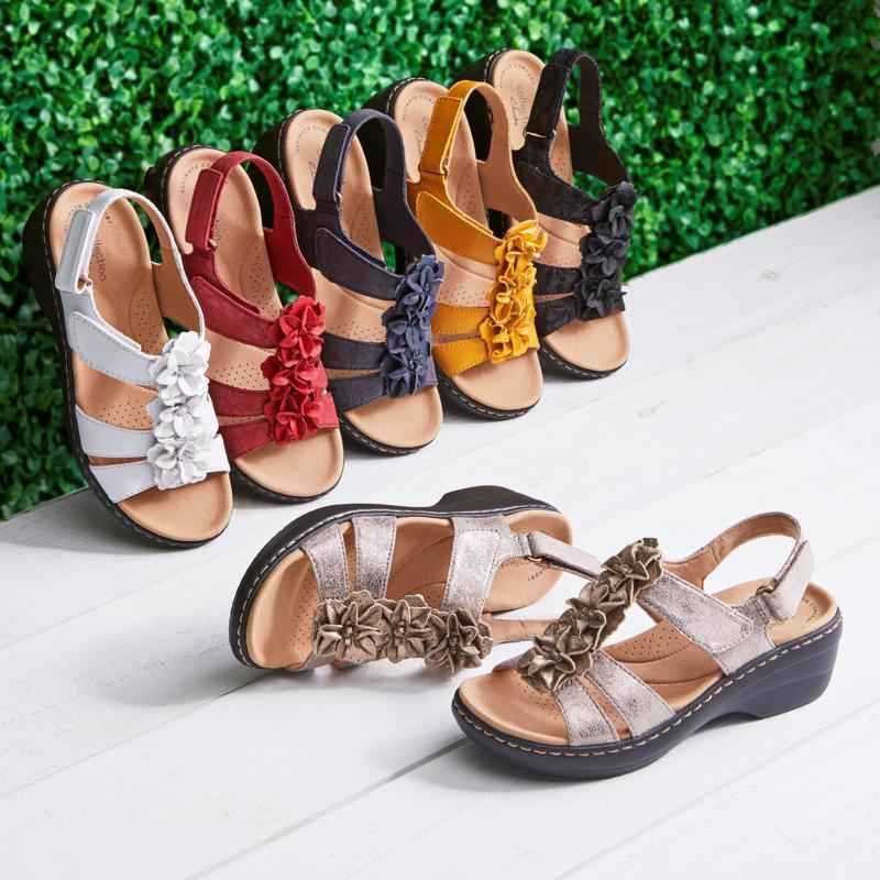 Women's Floral Wedge Sandals – Patent Leather Peep Toe Hollow Design with Velcro Strap