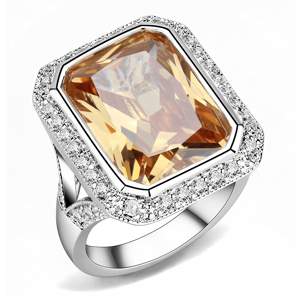Rhodium Brass Ring with AAA Grade CZ in Champagne