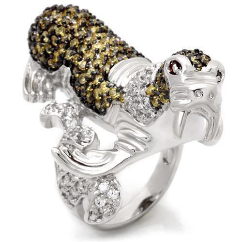 0W008 - Rhodium + Ruthenium Brass Ring with AAA Grade CZ  in Multi Color Size 7