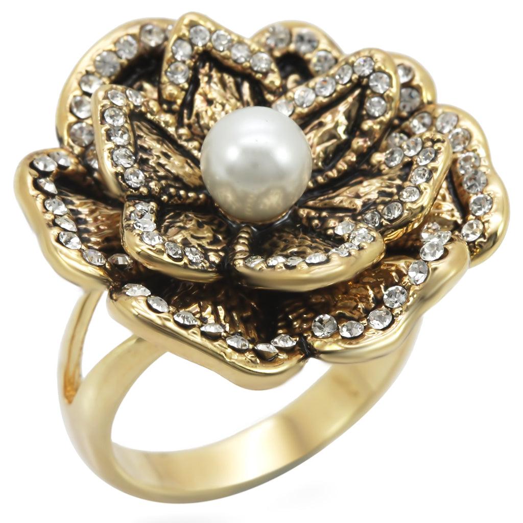 Gold Brass Ring with Synthetic Pearl in Citrine Yellow Size 7
