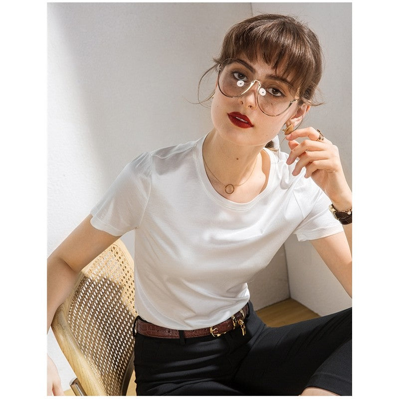 Solid Color Crewneck Short Sleeves Shiny T-Shirt
