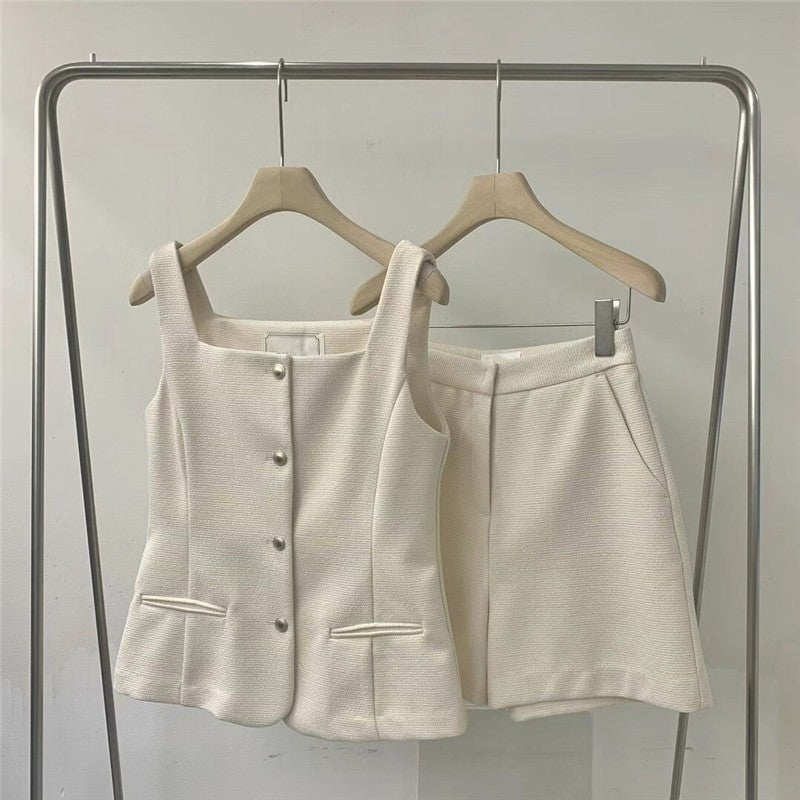 Solid Color V-Neck Vest and Shorts Set