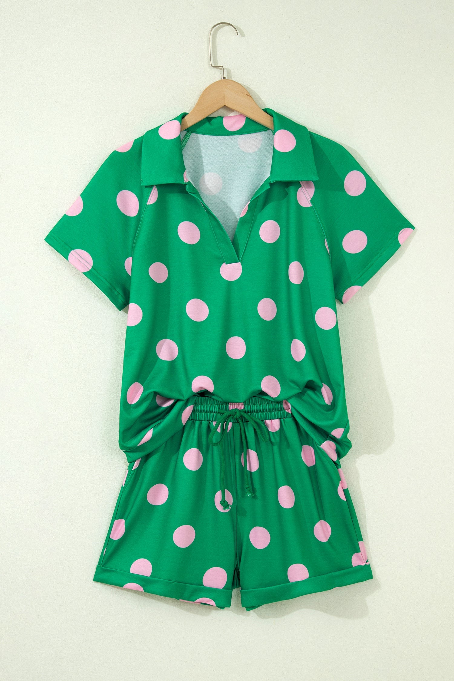 Green Polka Dot Print V Neck Tee Short Set
