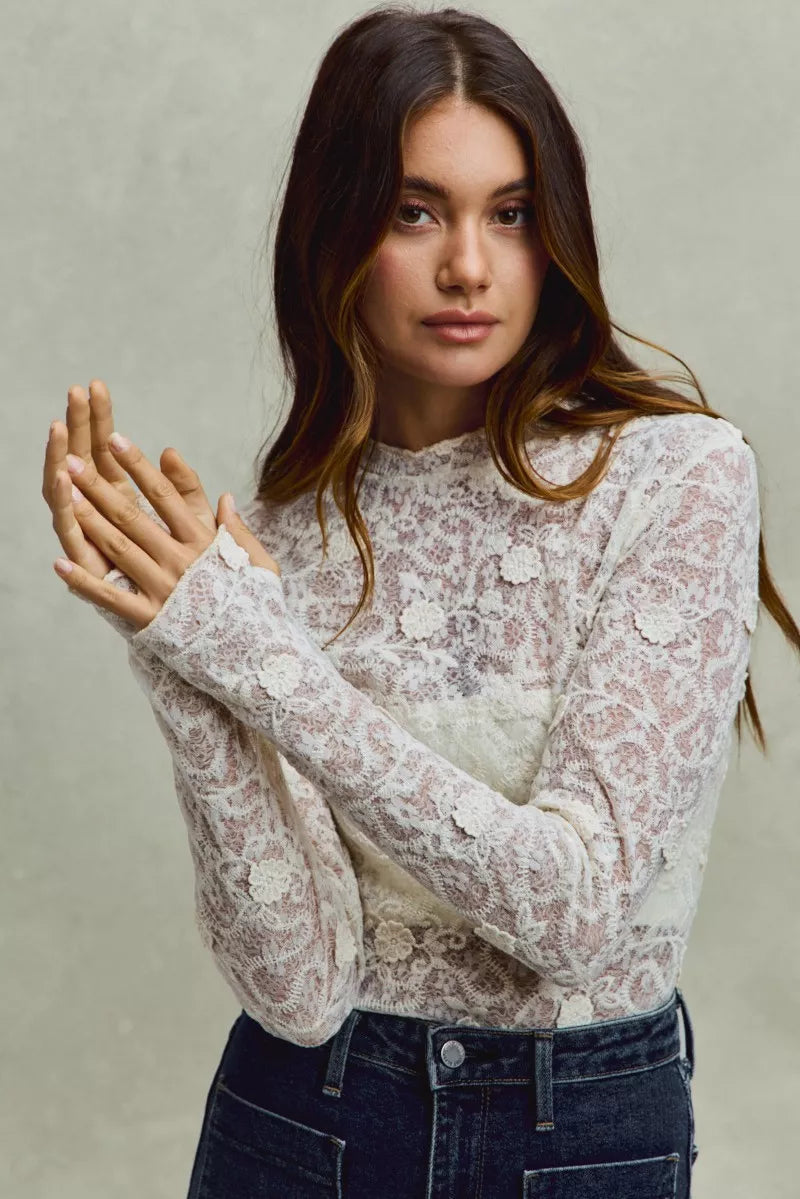 Lace Long Sleeve 3d Effect Floral Layering Top