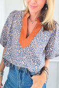 Leopard Print Spot Contrast V Neck Half Puff Sleeve Shirt