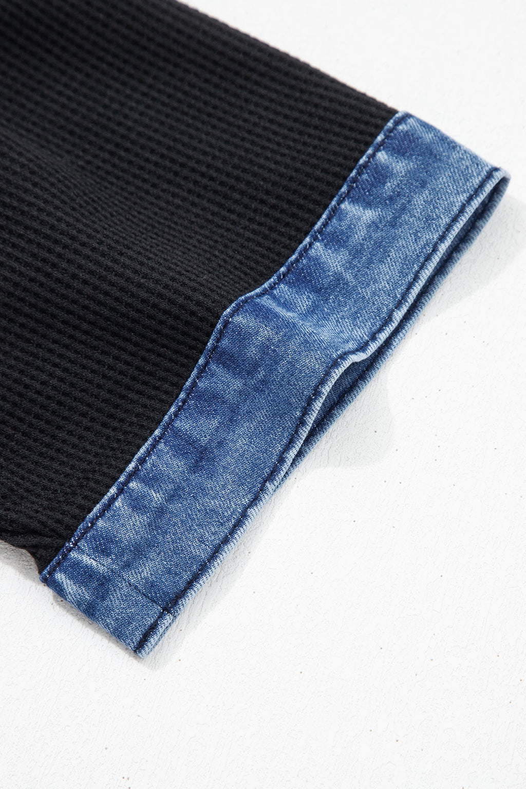 Black Waffle Knit Denim Contrast Trim Patchwork Button Collar Top